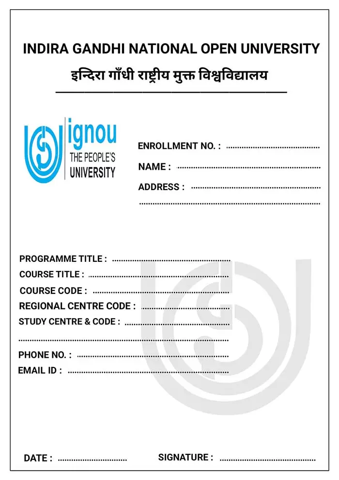IGNOU assignment front page or cover page 